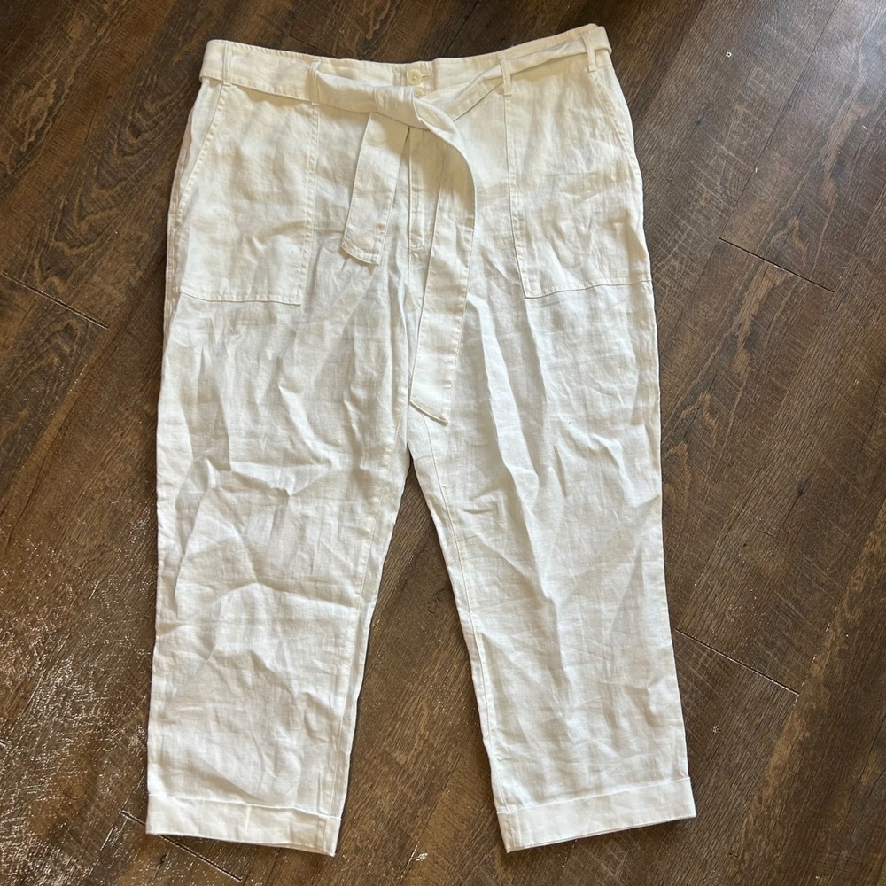 Lauren Ralph Lauren White 100% Linen Belted Cropped Pants Womens 18 Patch Pocket